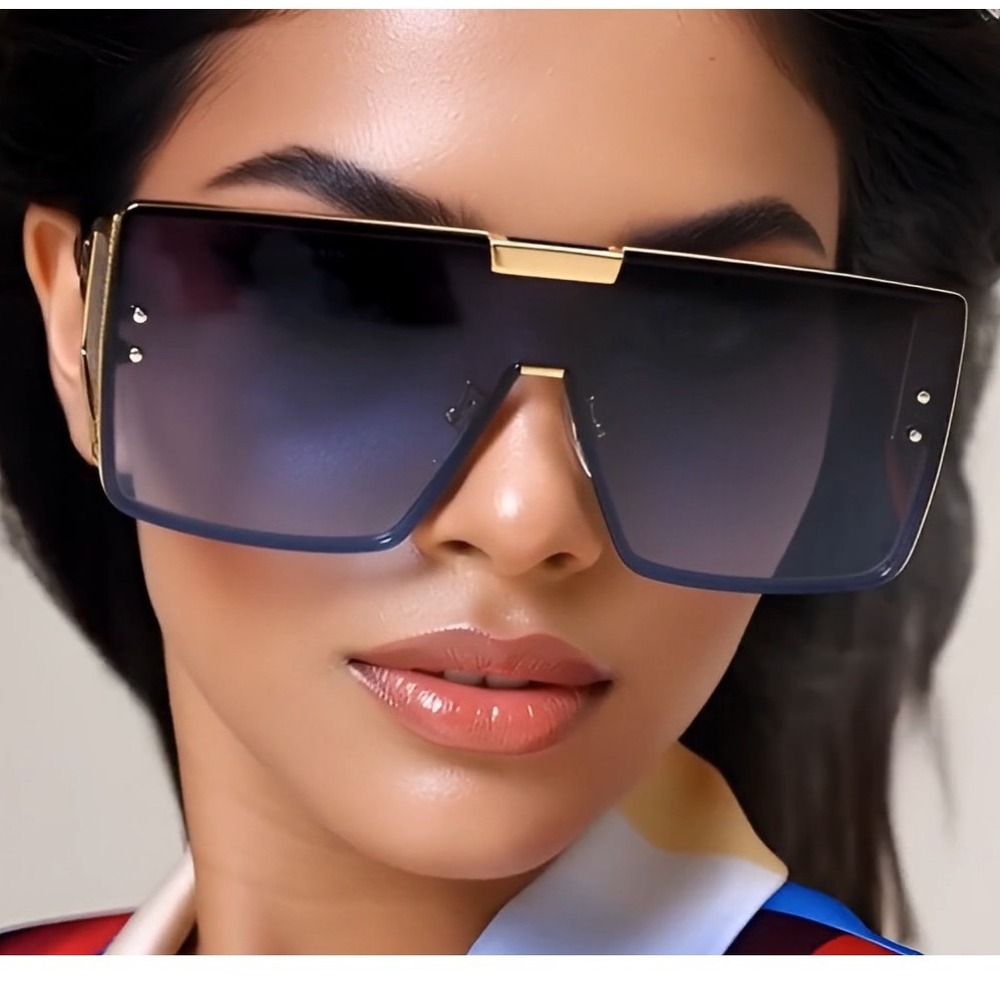 Sunglasses Women Men Blue Graient Lens Oversized Rectangular Metal Lentes Gafas - Picture 10 of 11